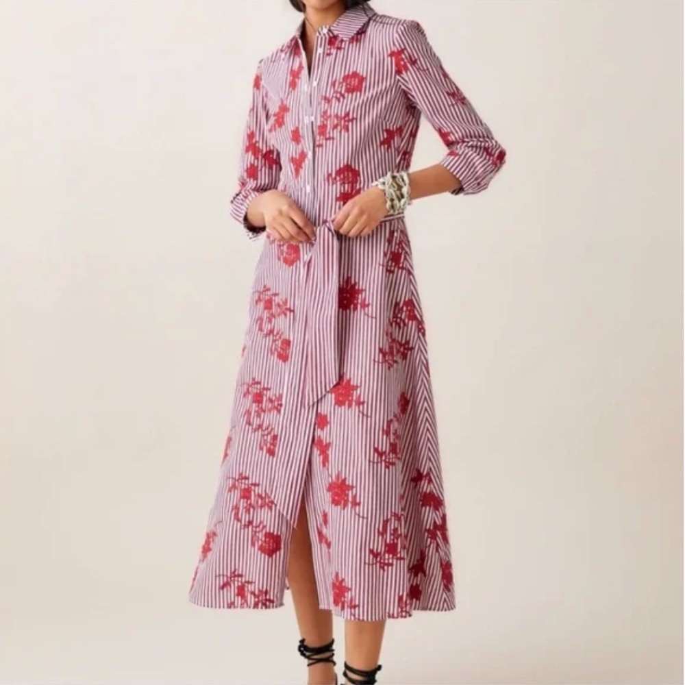 ZARA Red White Striped Floral Embroidered Midi Shirt Dress 3/4 Sleeve - NWT